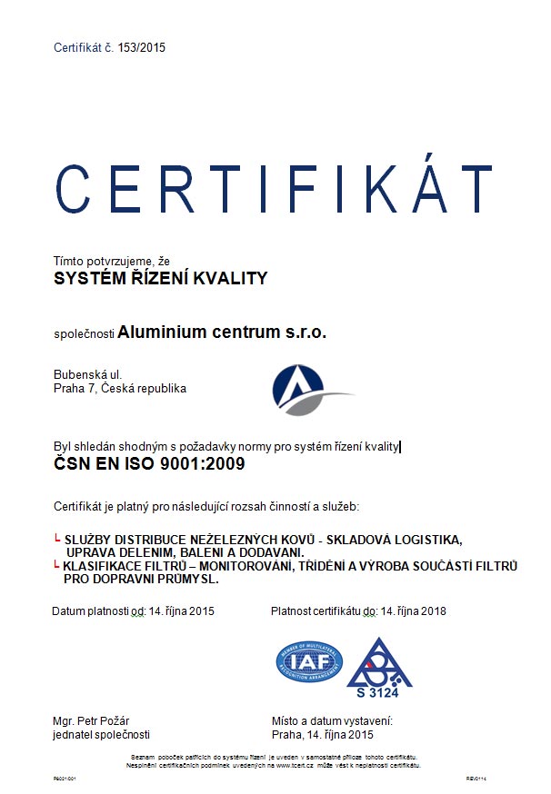 Certifikát Aluminium centrum