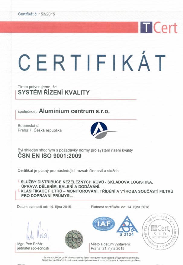 Certifikát Aluminium centrum